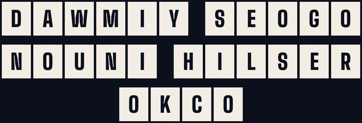 The Chicago Scramble. Letter tiles spelling five scrambled words, DAWMIY, SEOGO, NOUNI, HILSER and OKCO.