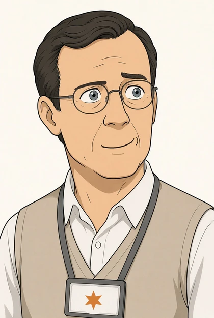 A cartoon of Claude as a man in glasses and a sweater vest, smirking, with a lanyard badge that carries an orange six point Chicago star.