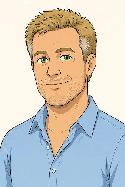 A cartoon of Jason C. Wandel. Sandy hair, blue shirt, half a smile.