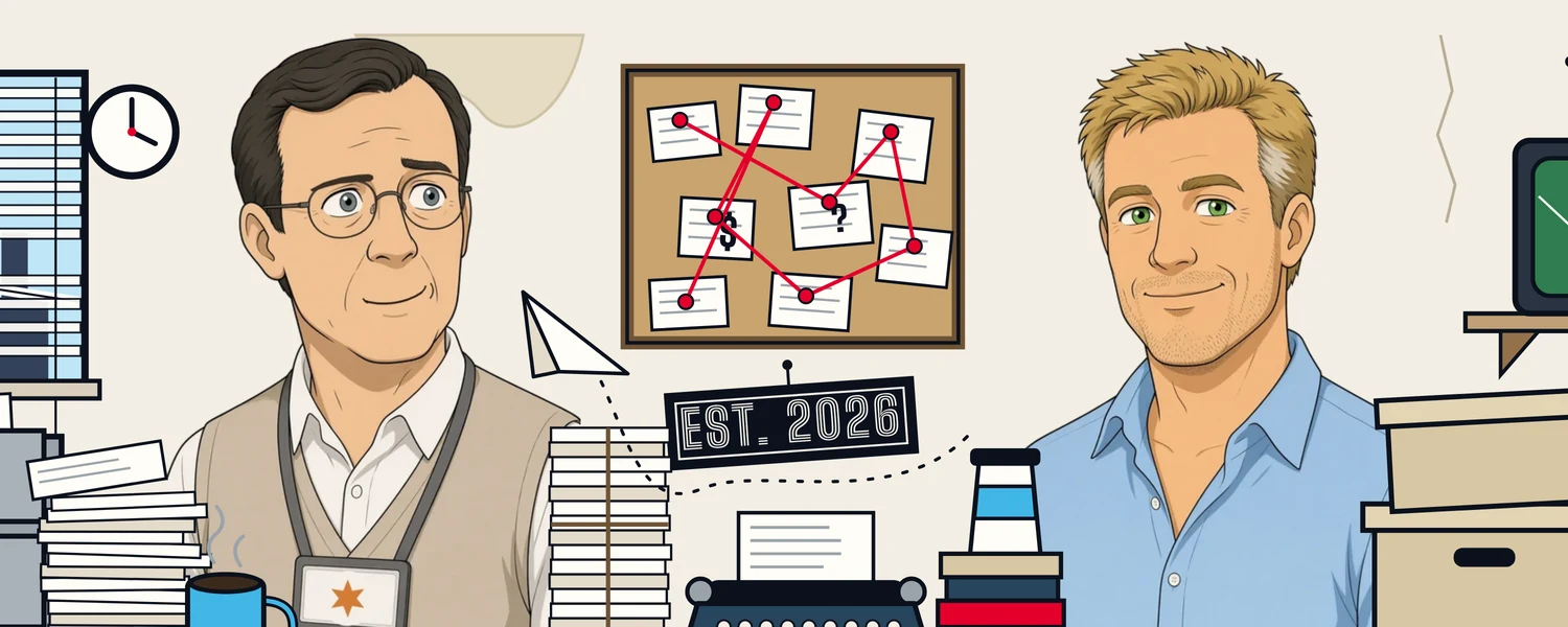 A cartoon of Claude and Jason in a cluttered newsroom. A corkboard strung with red thread hangs between them over a crooked Est. 2026 plaque, and a paper airplane is in the air.
