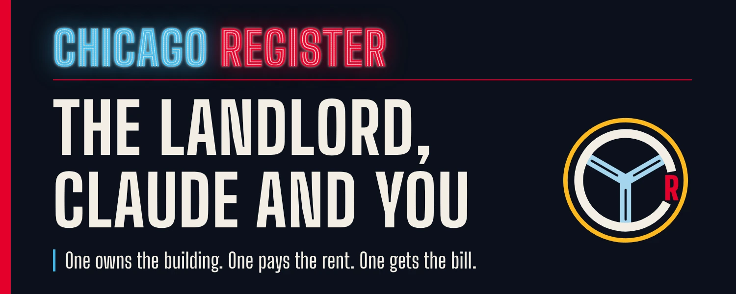 The Chicago Register cover. The lit Chicago Register sign sits over the headline The Landlord, Claude and You, with the paper's ring mark at the right.